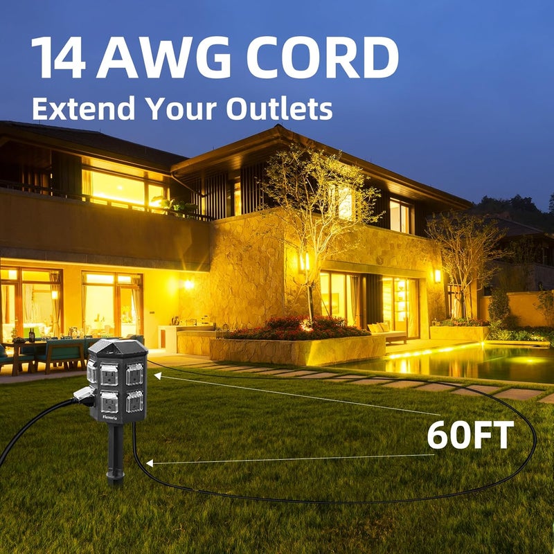 Flexoria Outdoor Power Stake Timer, Remote Control Dusk to Dawn Light Timer, 60FT Extension Cord Waterproof, 6 Grounded Outlets for Outdoor Christmas Decorations, ETL Listed - Image 2
